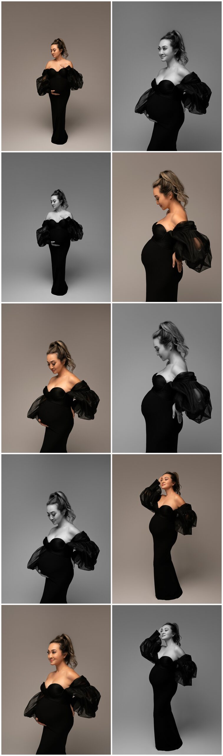 Series of 10 austin pregnancy photos featuring a pregnant woman in a black gown doing various maternity poses. Every other photo is black and white.