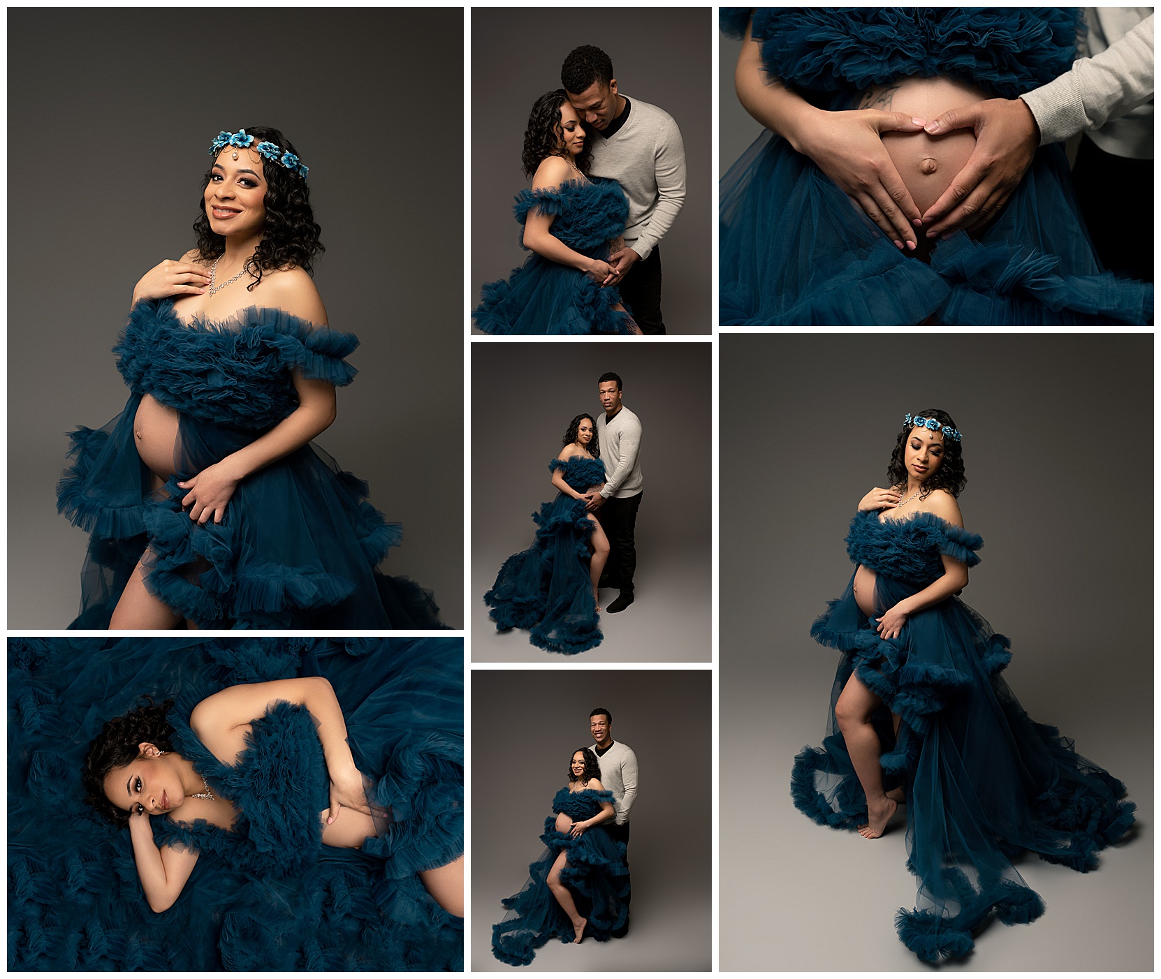 Photo montage of a pregnant woman wearing a ruffled blue maternity gown and floral headdress. 