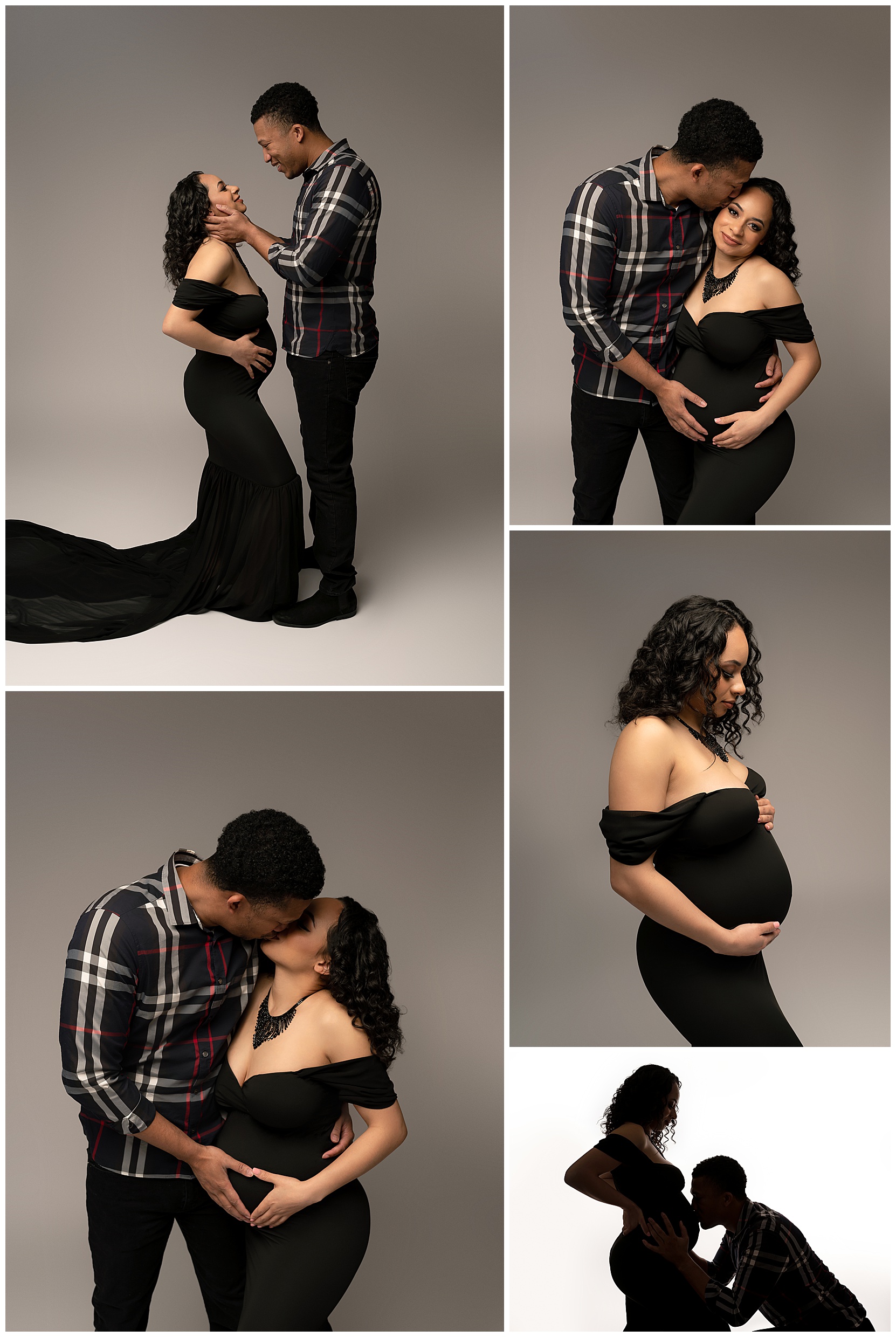 Color photo montage featuring a woman and man posing for baby bump pic shots.