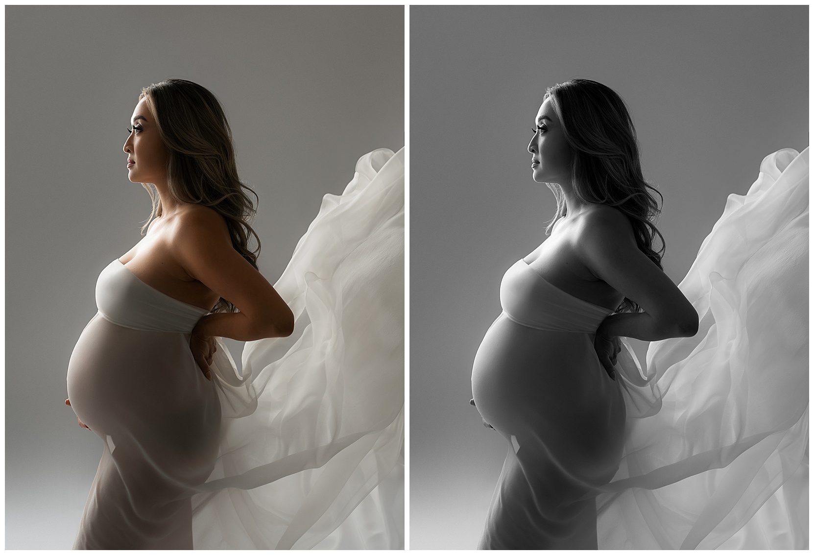 Two side-silhouettes of a pregnant woman, one in black and white. She is wearing a flowing white gown