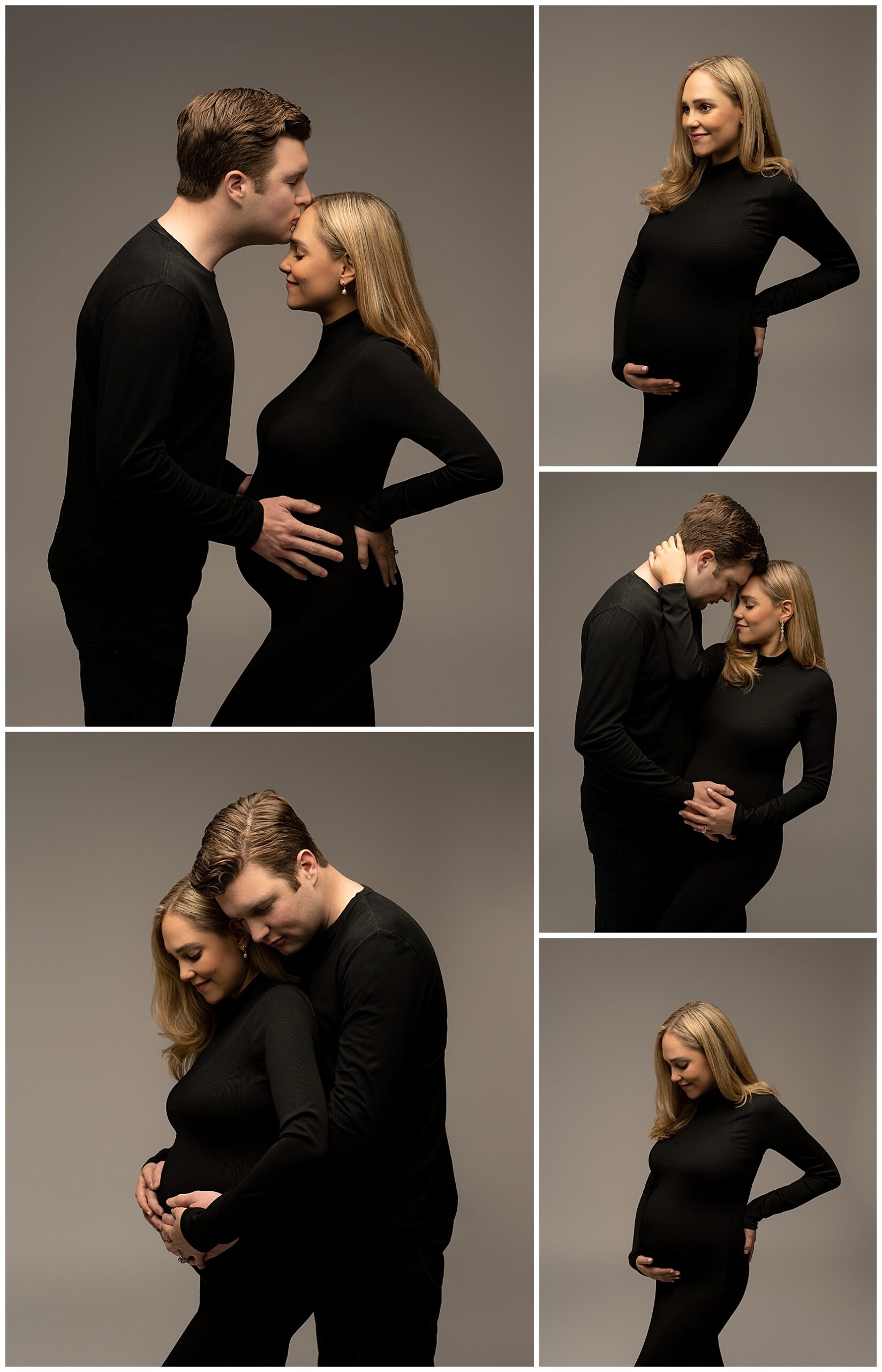 Cedar park maternity photos featuring a pregnant woman in a black fitted dress and a man in a black shirt and black pants