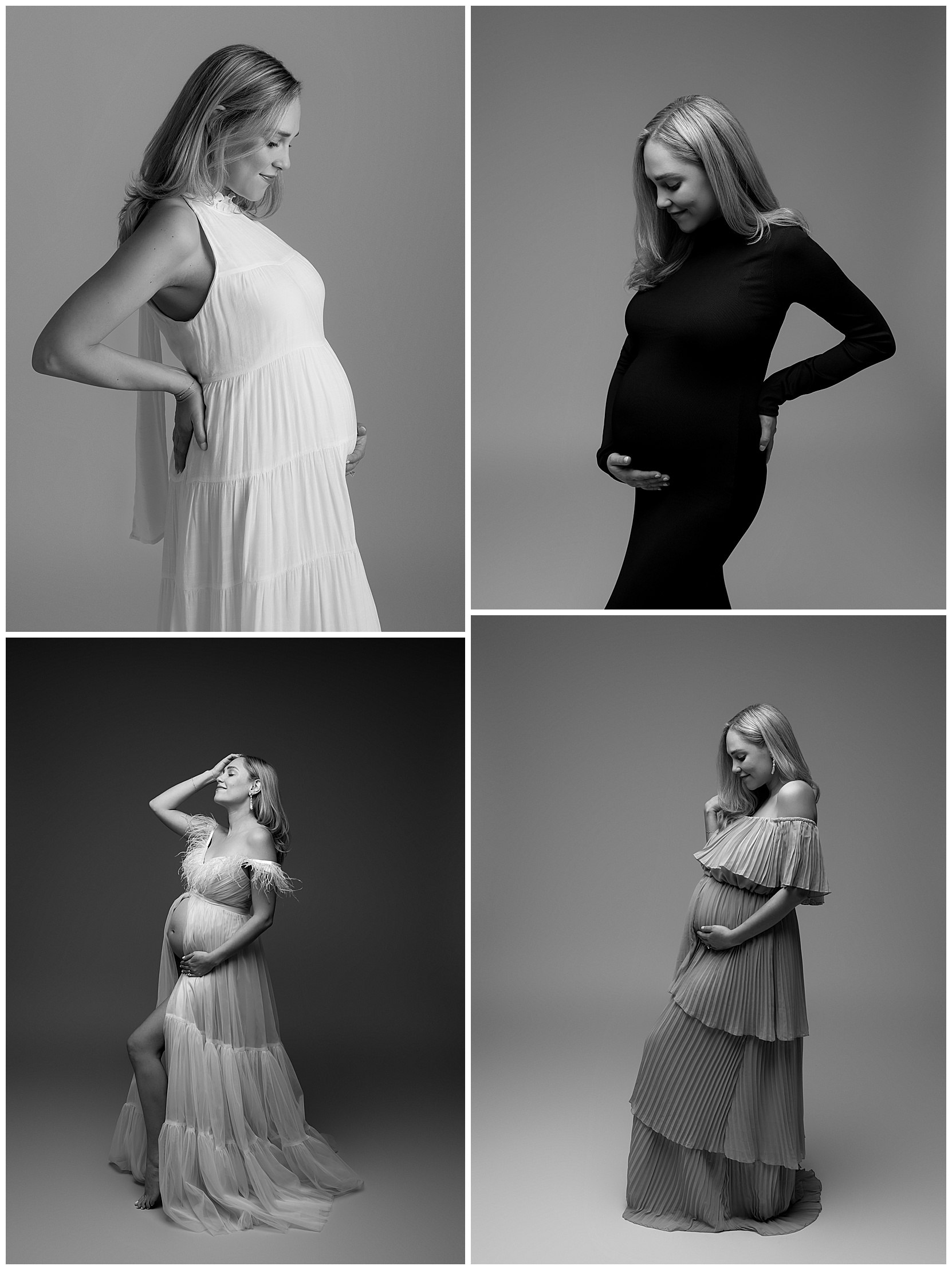 Cedar Park maternity photos with pregnant woman posing in various maternity dresses