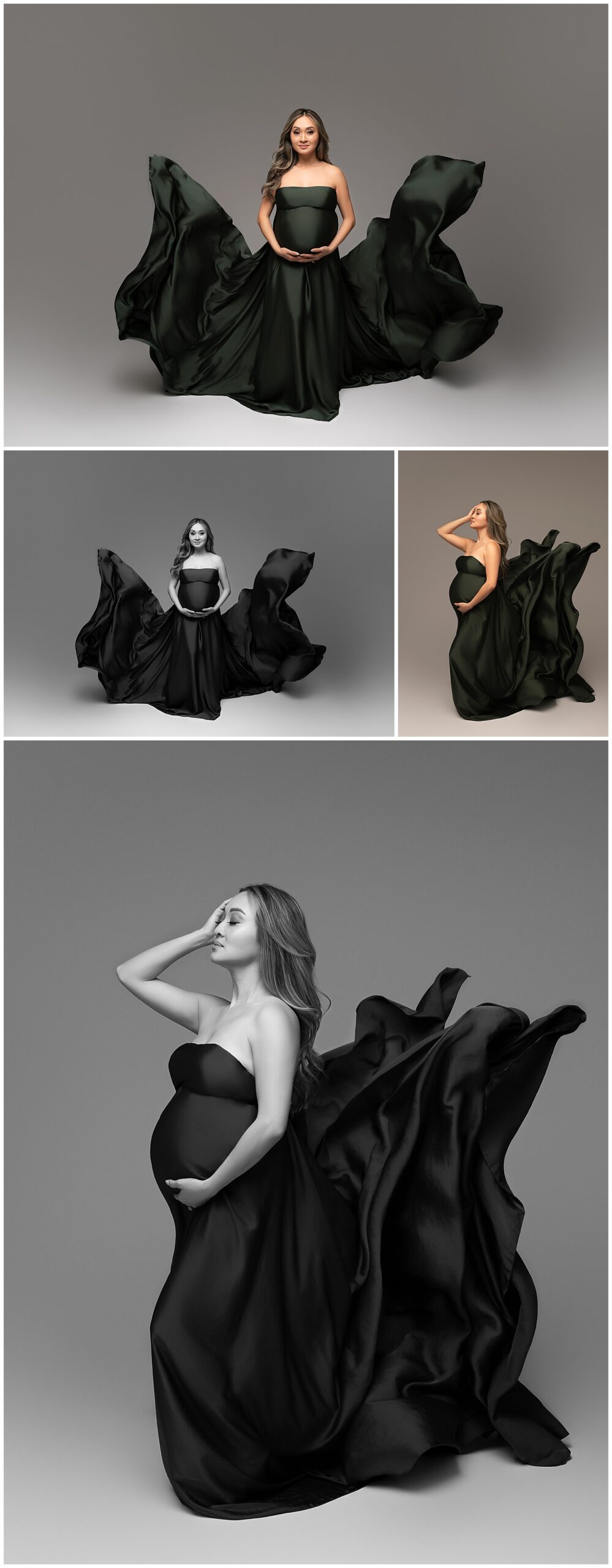 Austin photography montage featuring a pregnant woman in a dark green, satin maternity gown in various maternity poses