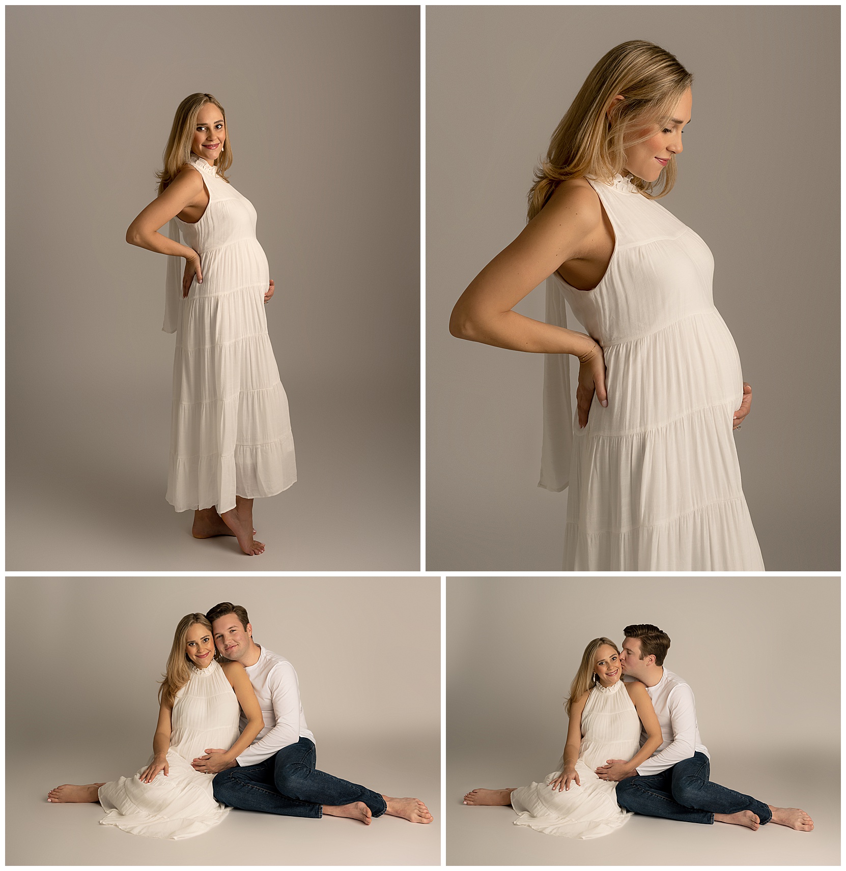 pregnant woman white flowy dress