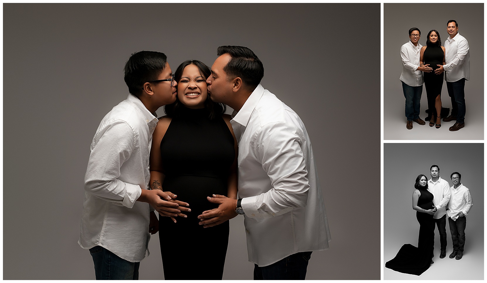 color studio family maternity photos featuring a teen son and husband on either side of a pregnant woman in a black gown.