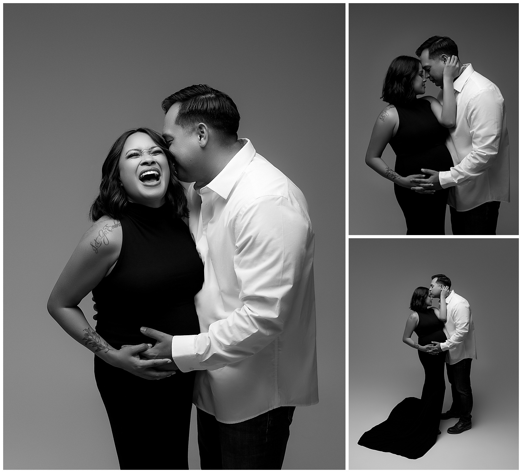 A black and white studio family maternity photo montage featuring a man and a pregnant woman. 