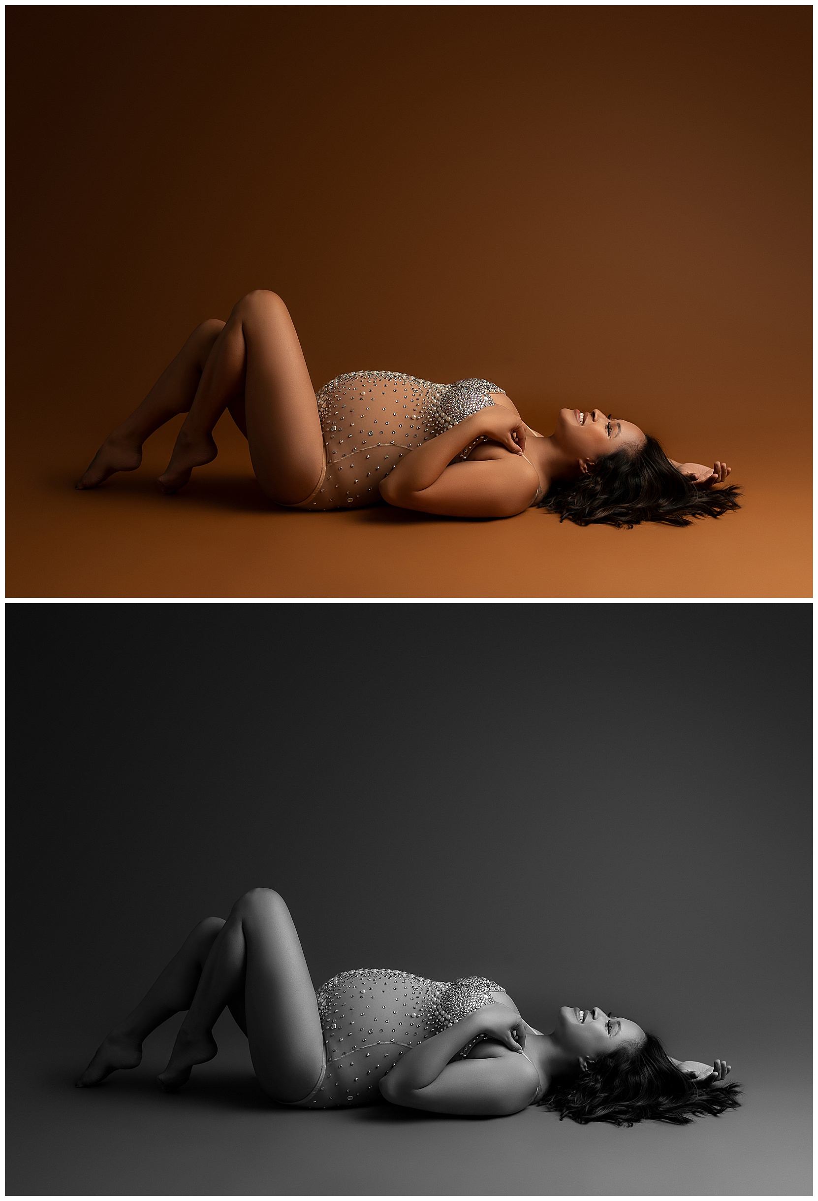 Two maternity photos, one in color and one in black and white, of a smiling pregnant woman on her back. 