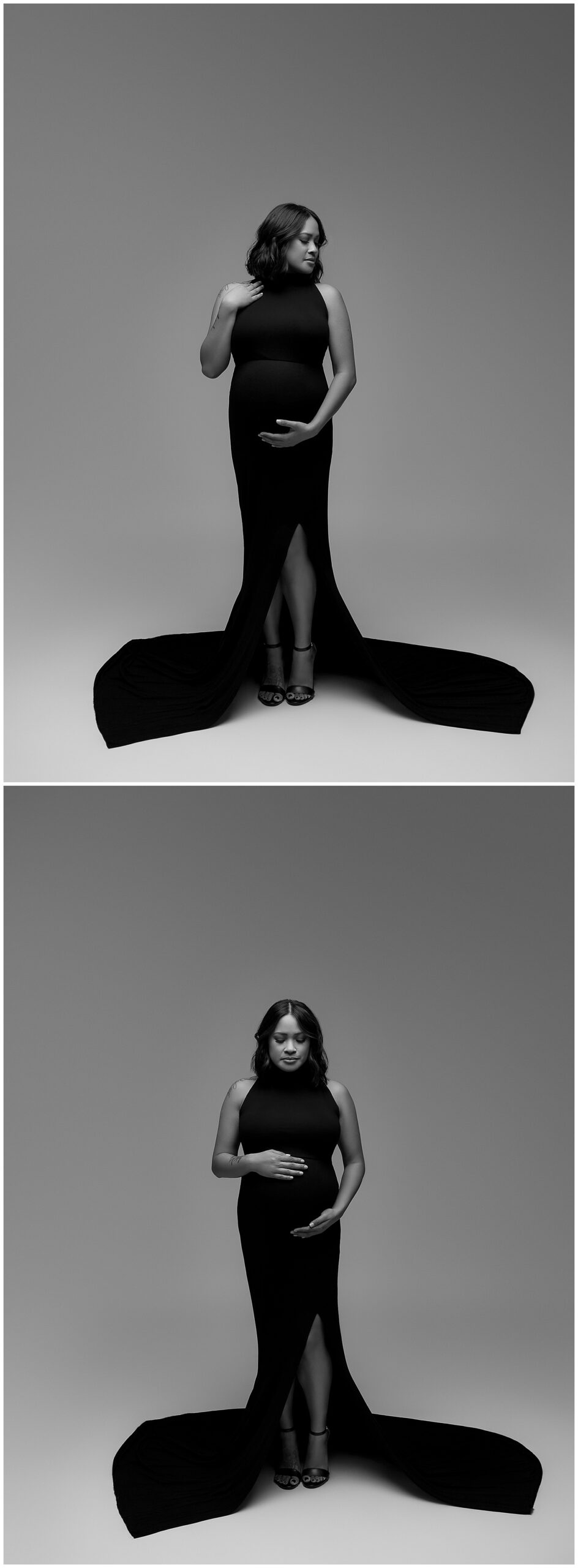 Two black and white maternity photos featuring a pregnant woman in a floor-length black maternity gown. 