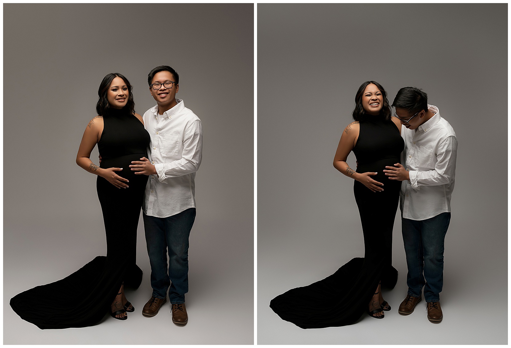 Two color photos featuring a pregnant woman next to her teenage son. Her son is holding her baby bump. 