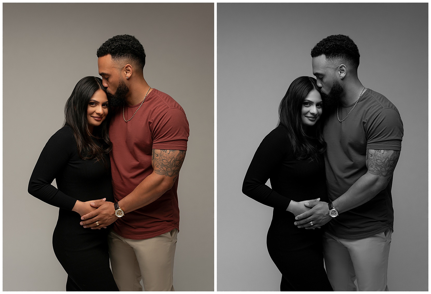 A set of two photos -- one in black and white and one in color -- of a man and a woman putting one of each of their hands over the woman's baby bump