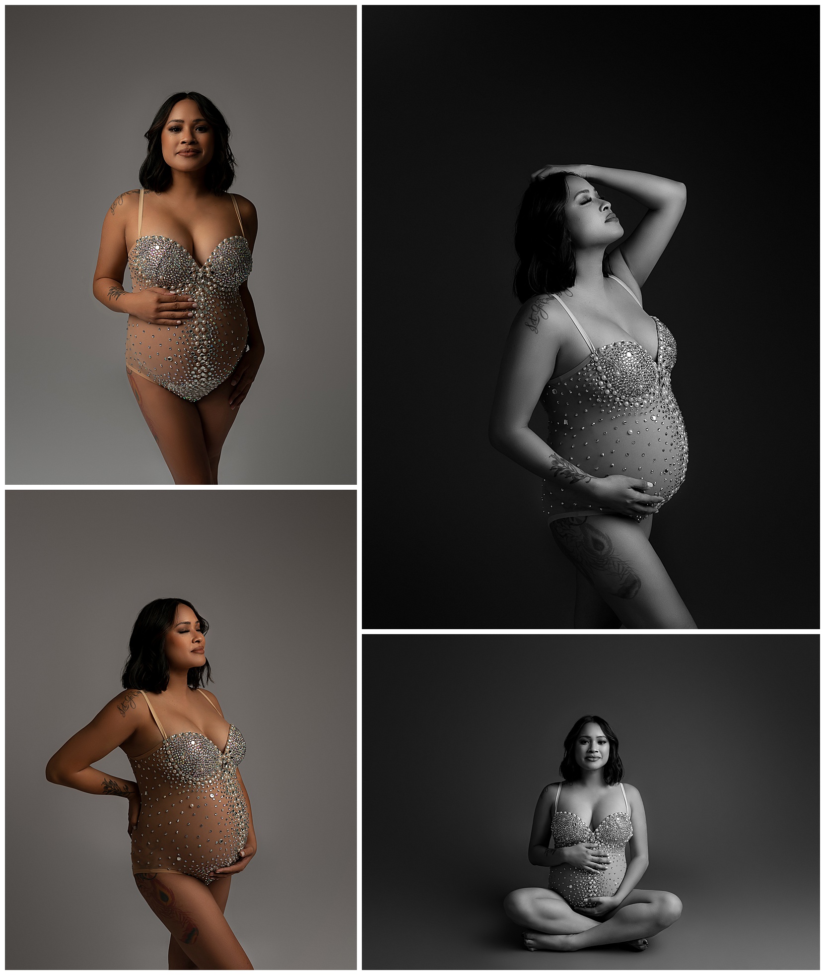 Photo montage featuring four studio maternity shots of a woman in a sparkly bodysuit