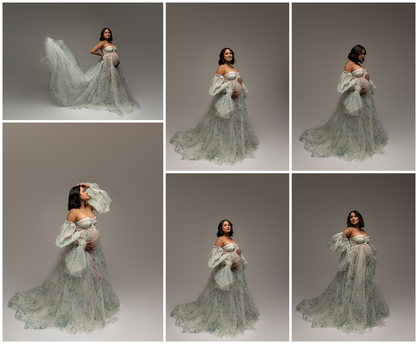 compilation of studio maternity photos featuring a pregnant woman in a flowing silver gown with puffy sleeves. 