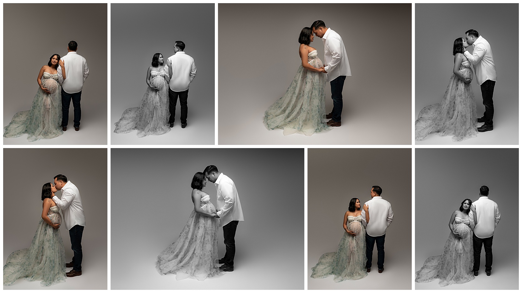 a compilation of studio family maternity session photos featuring a woman in a long silver gown and a man in a white button-up and black pants.