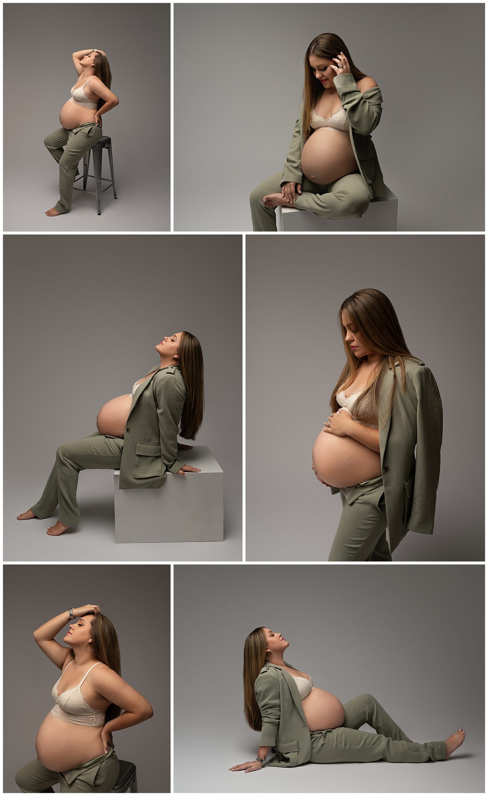 Series of color maternity photos featuring a woman in a green suit and white lace bralette with her baby bump profiled