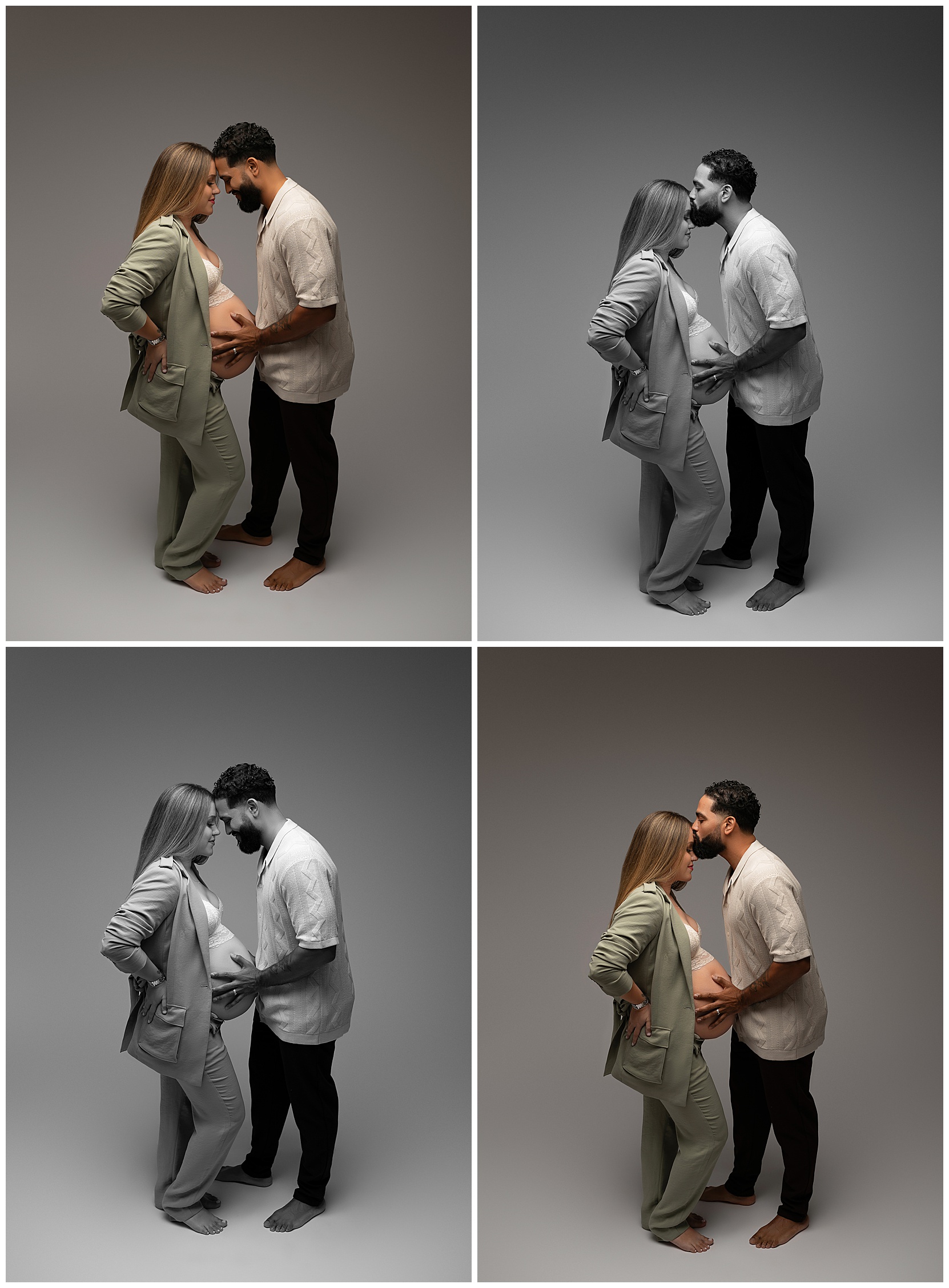 Family photo montage with black and white and color photos featuring a man and a pregnant woman facing each other. The man is holding the woman's pregnant belly and kissing her. 