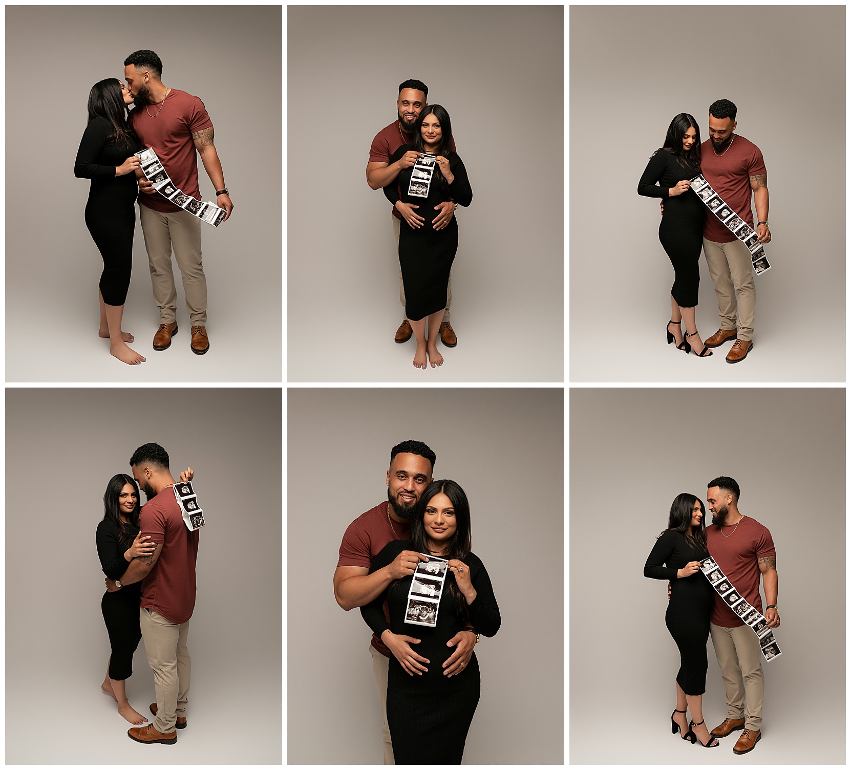 A set of six baby bump photos featuring a woman and a man showing off the woman's bump and their sonogram photos