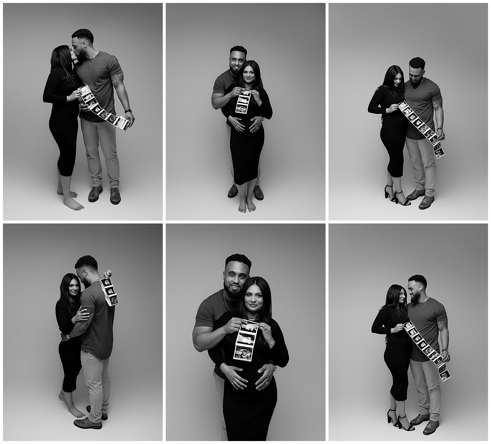 A series of black and white maternity photos featuring a man and a woman showcasing their sonogram photos