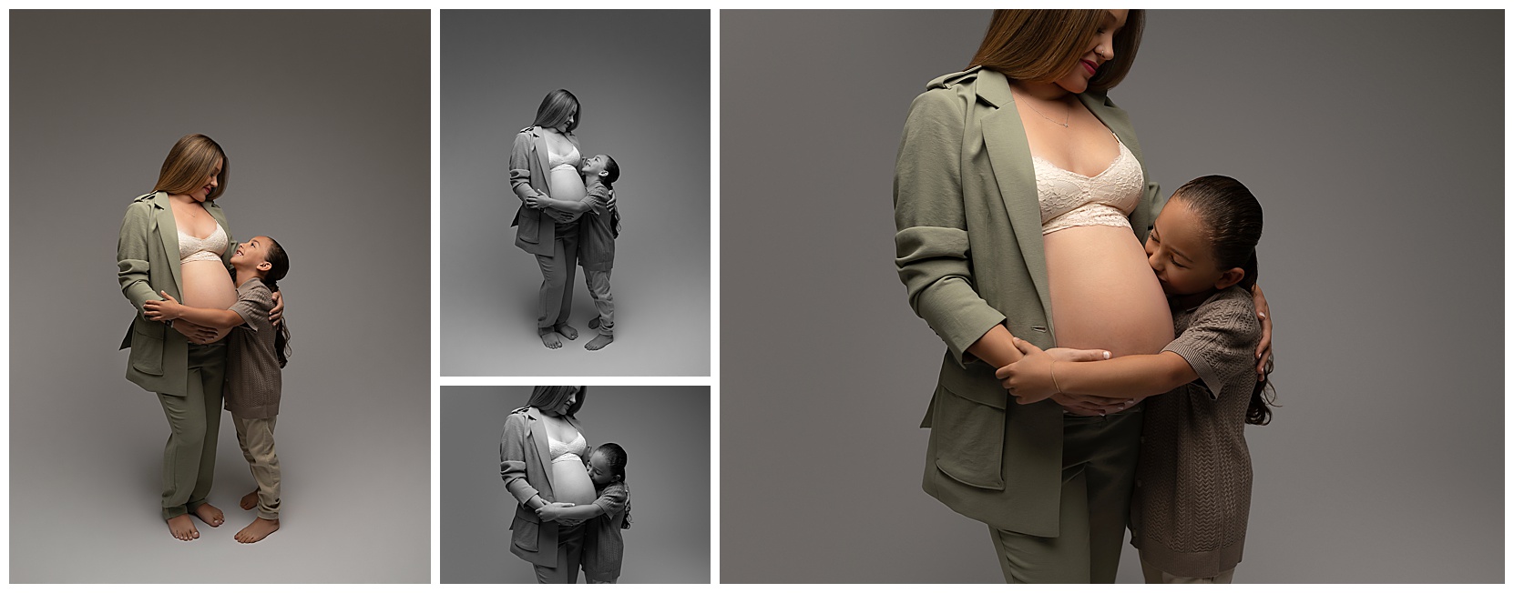 Series of black and white and color family photos featuring a little boy hugging his pregnant mother