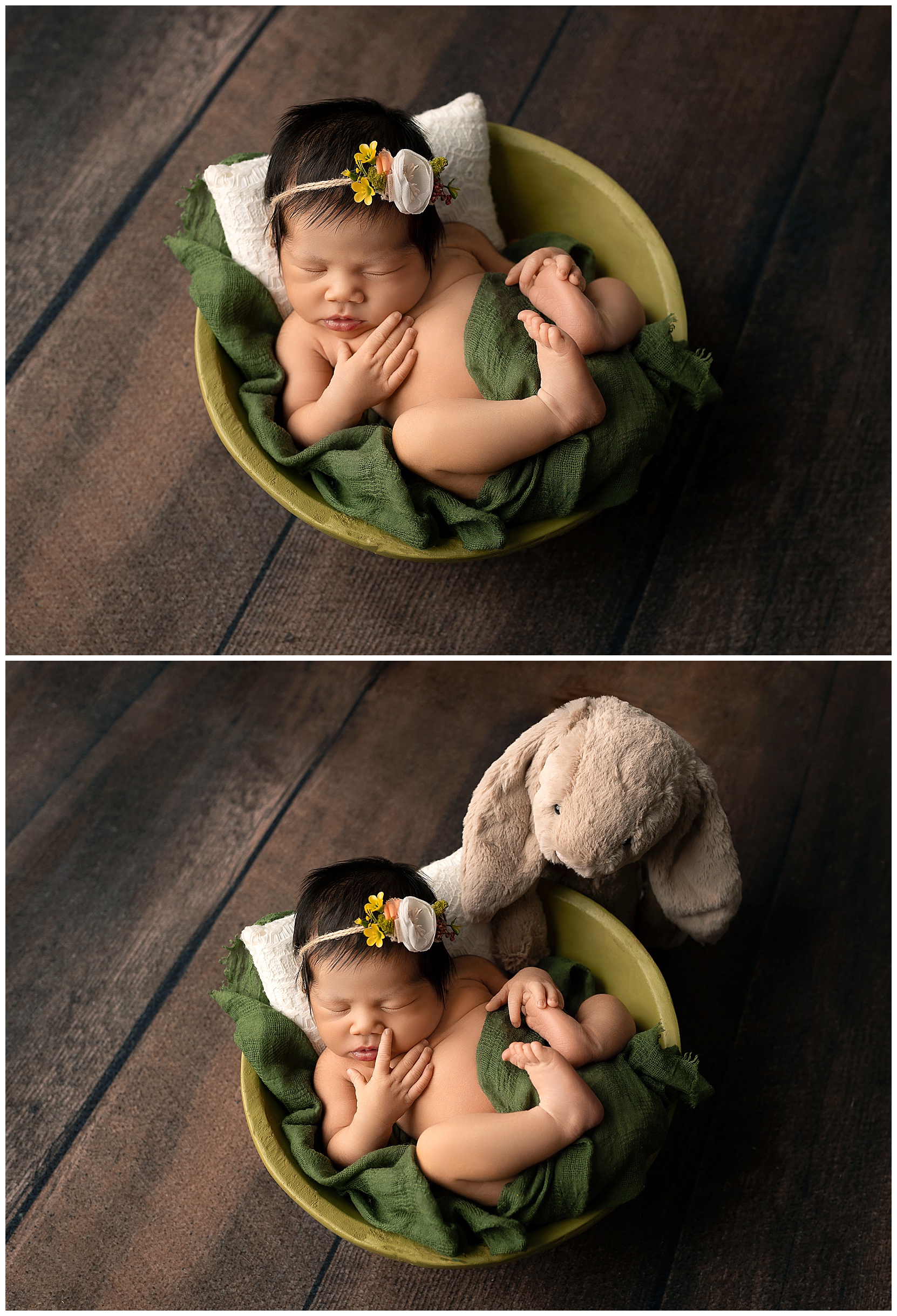 Two images of a newborn baby wrapped in a green blanket and propped in a green bowl. In the second image, a stuffed bunny rabbit looks on from the side.