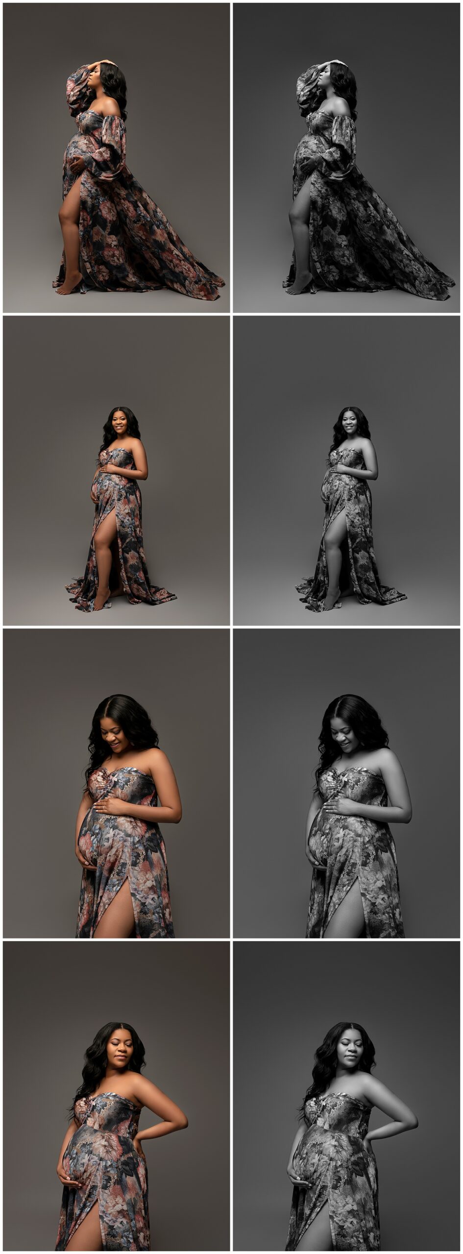 A series of several color and black and white maternity photos featuring a woman in a floral maternity gown