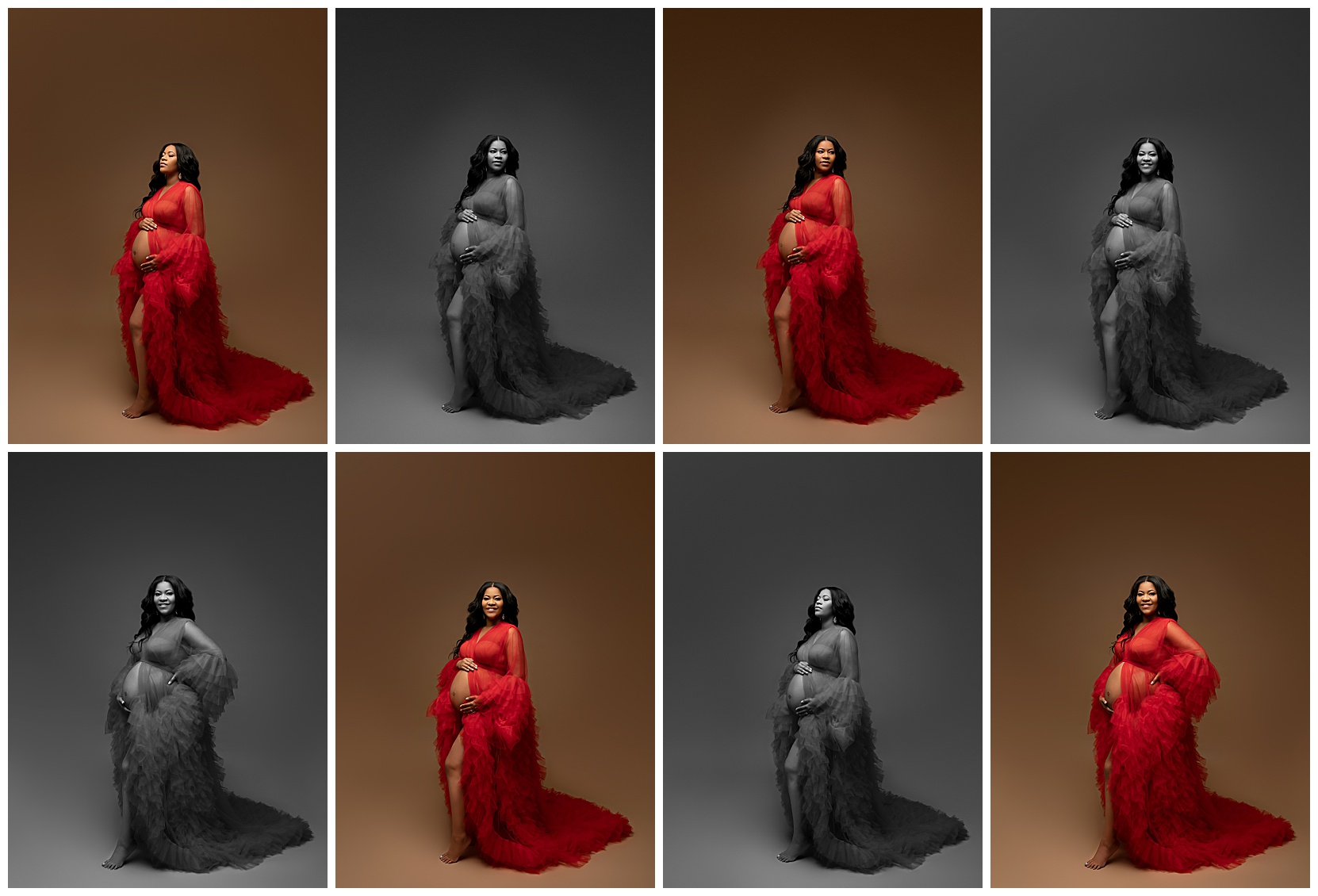 a set of eight photos, four in black and white and four in color, featuring a pregnant woman in a red maternity gown