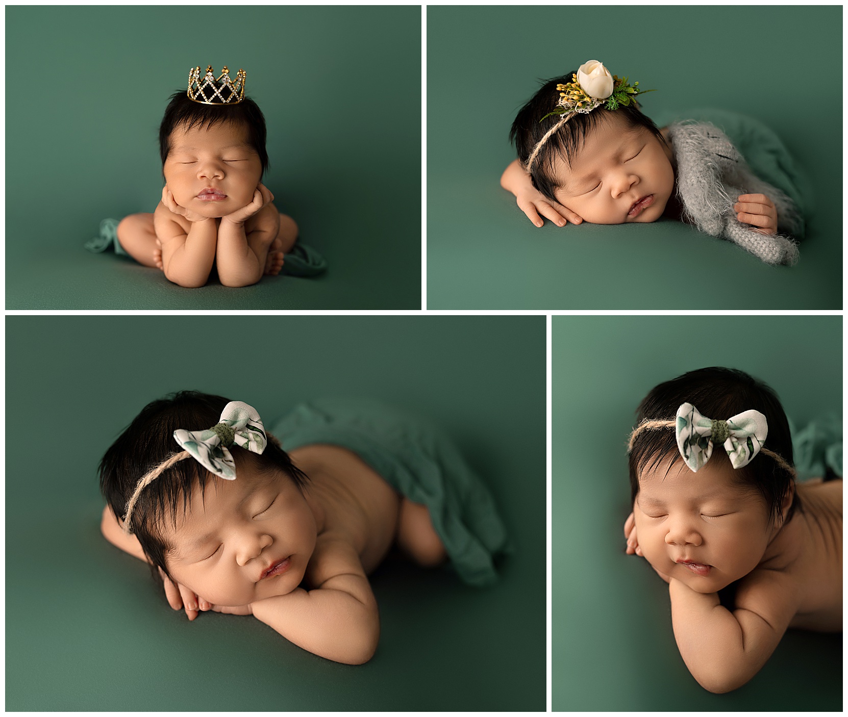 A set of four photos featuring a newborn on a teal green background.