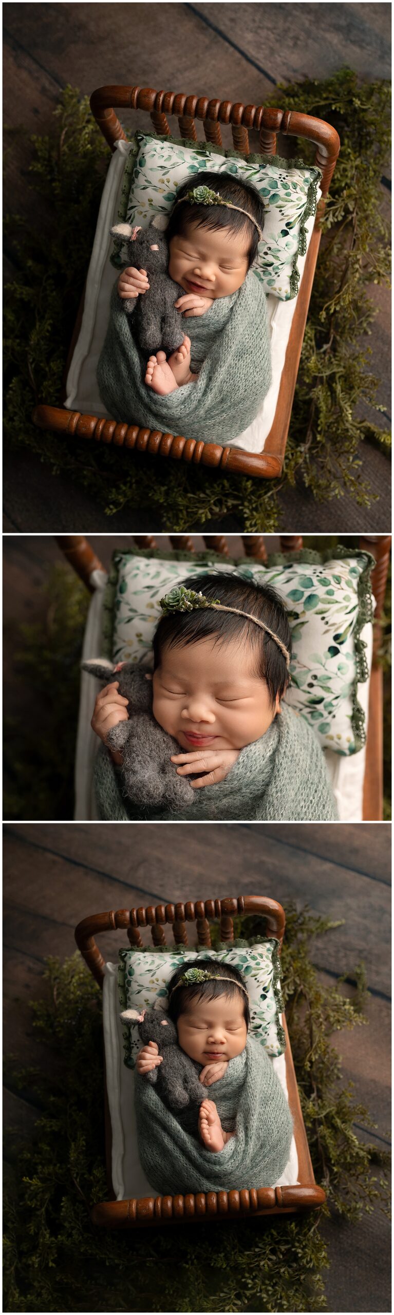 A set of three photos of a newborn on a prop bed, swaddled in a green blanket clutching a little stuffed bunny.