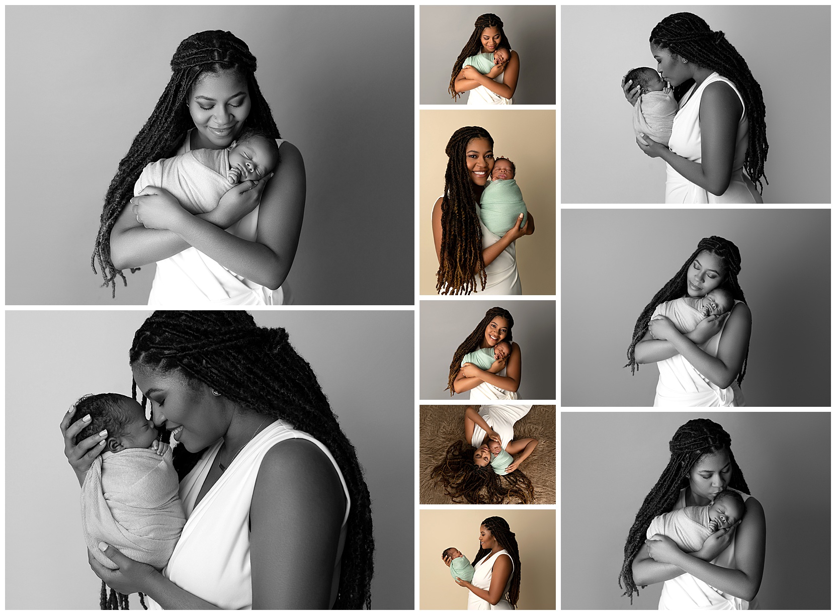 Photo montage of a woman holding her newborn son. She is smiling and cradling him in several photos, and in other photos she is kissing him. 