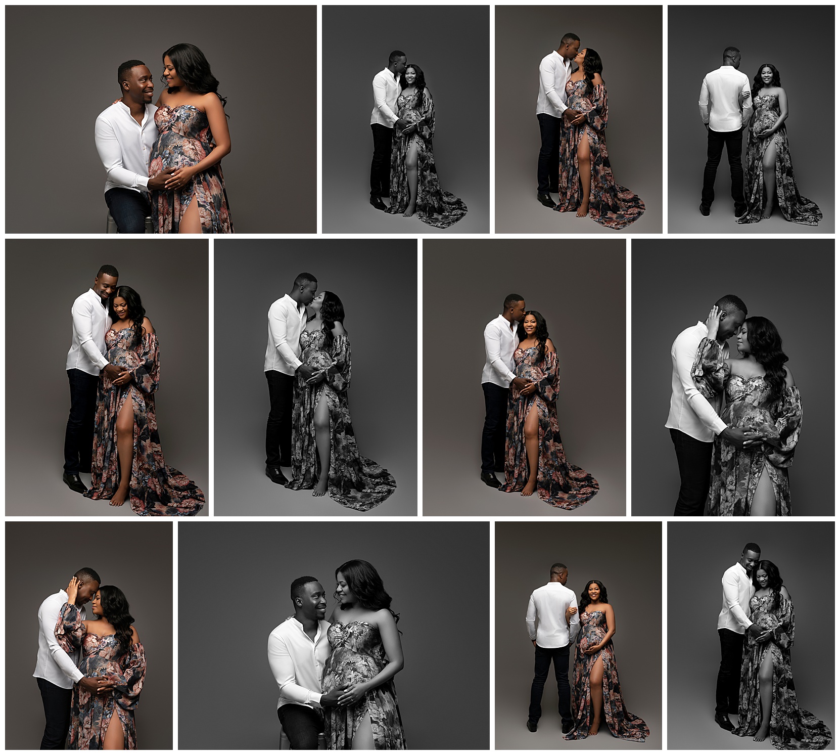 a selection of several photos featuring a pregnant woman in a floral gown and her partner