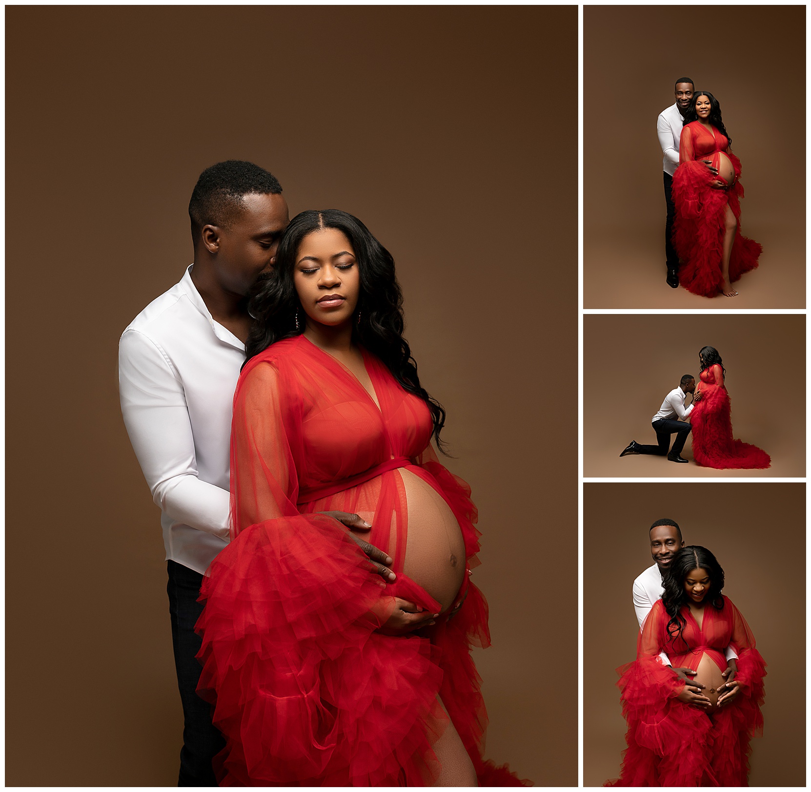a set of four photos featuring a pregnant woman and her partner