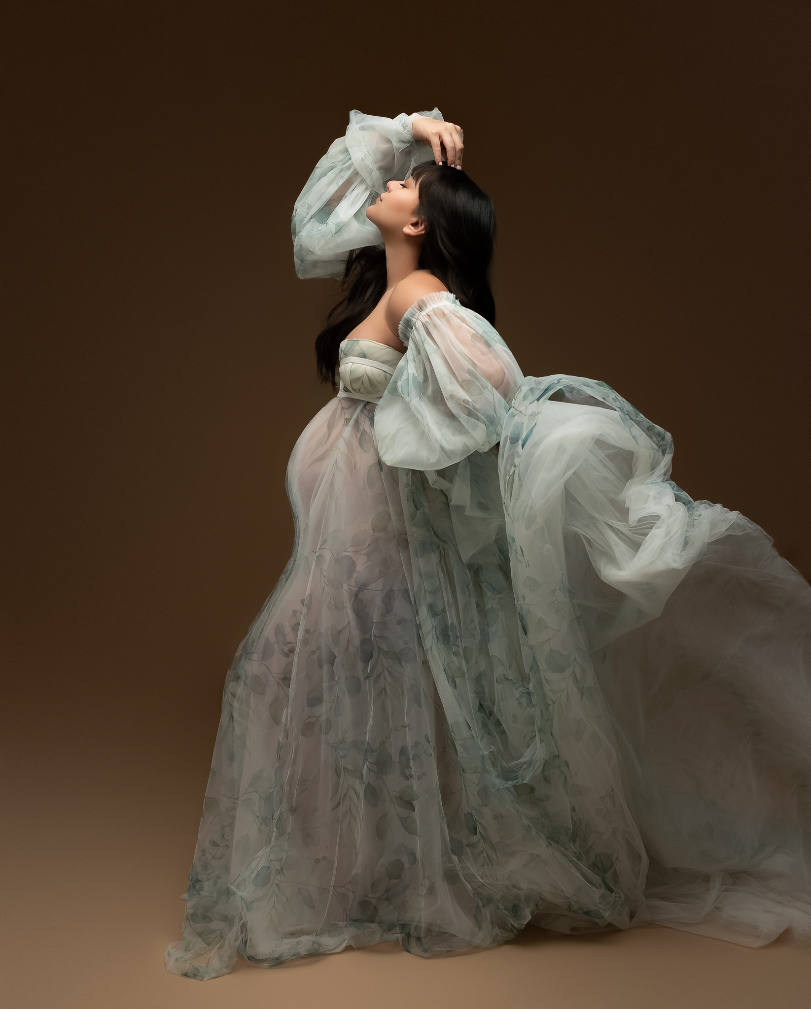 Studio maternity photo of a woman in a sheer green and white maternity gown. She is facing toward the left of the photo, and the train of the gown is flowing behind her. 