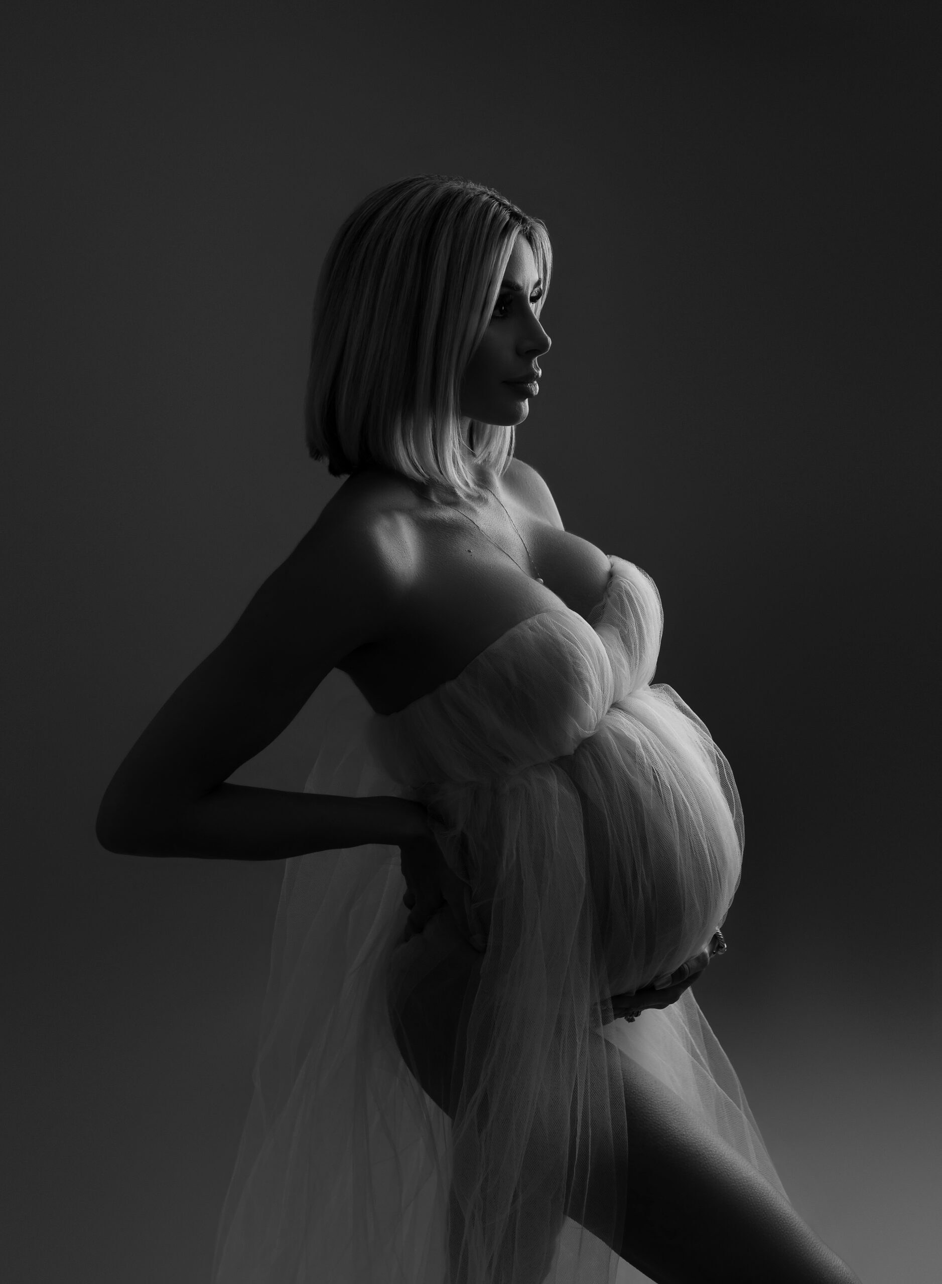 A woman stands in profile facing the left of the photo, with light highlighting the front of her body. She is wearing a sheer tulle gown, holding her belly, and has her arm placed on the low of her back.