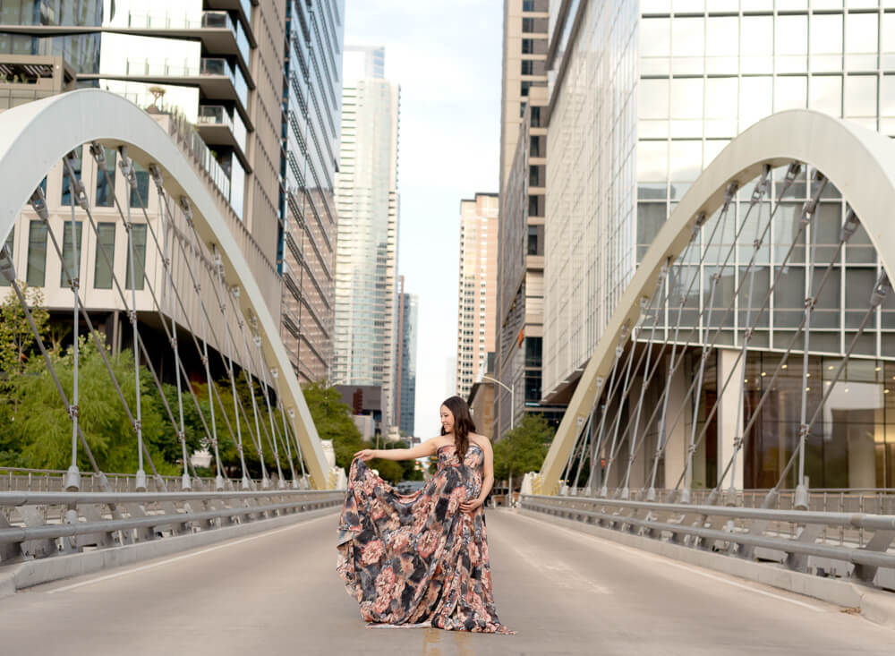 maternity photoshoot 2nd street downtown Austin Texas floral gown architectural backdrop
