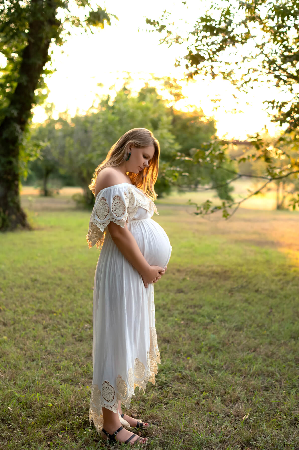 maternity photoshoot Richard Moya Park South Austin Texas white dress pecan grove evening light
