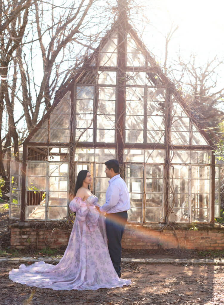 maternity photos Sekrit Theater Austin Texas lavender gown greenhouse checkerboard floor