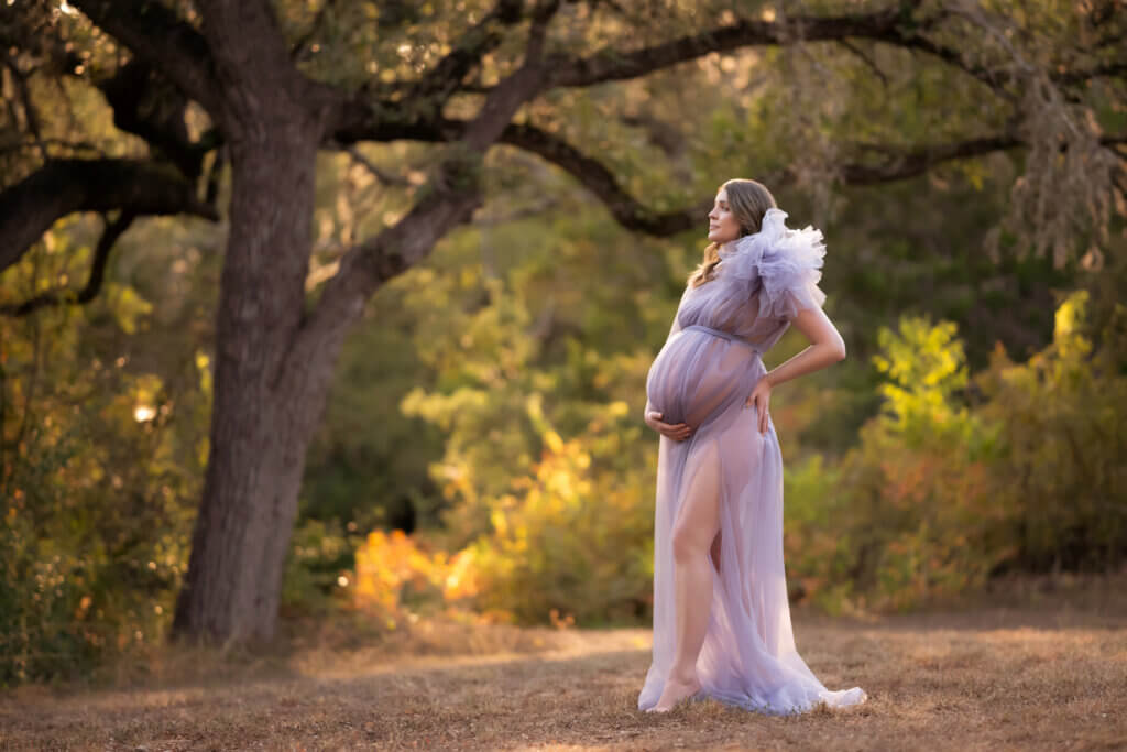 maternity photos under oak tree Twin Creeks Historical Park Cedar Park Texas sheer gown golden light